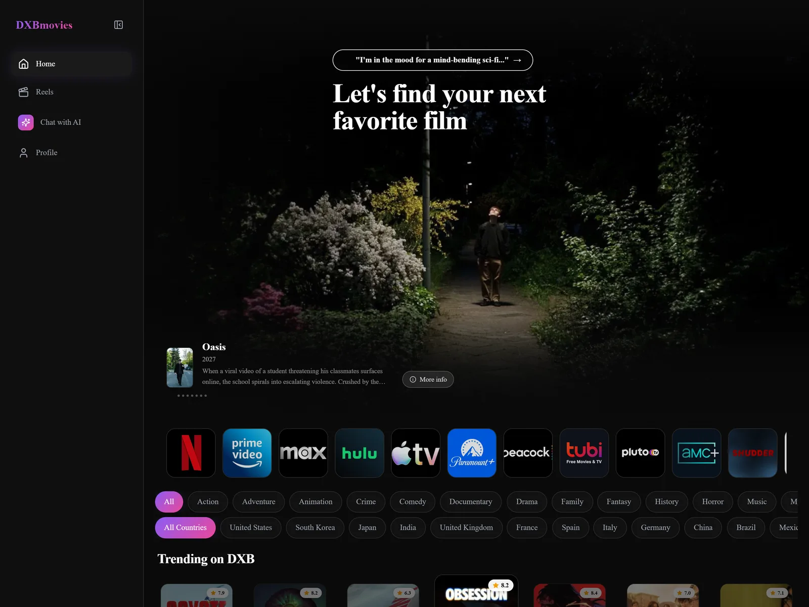 The WaZhop DXB Cinema home page: a dark movie-discovery interface with rows of film artwork.