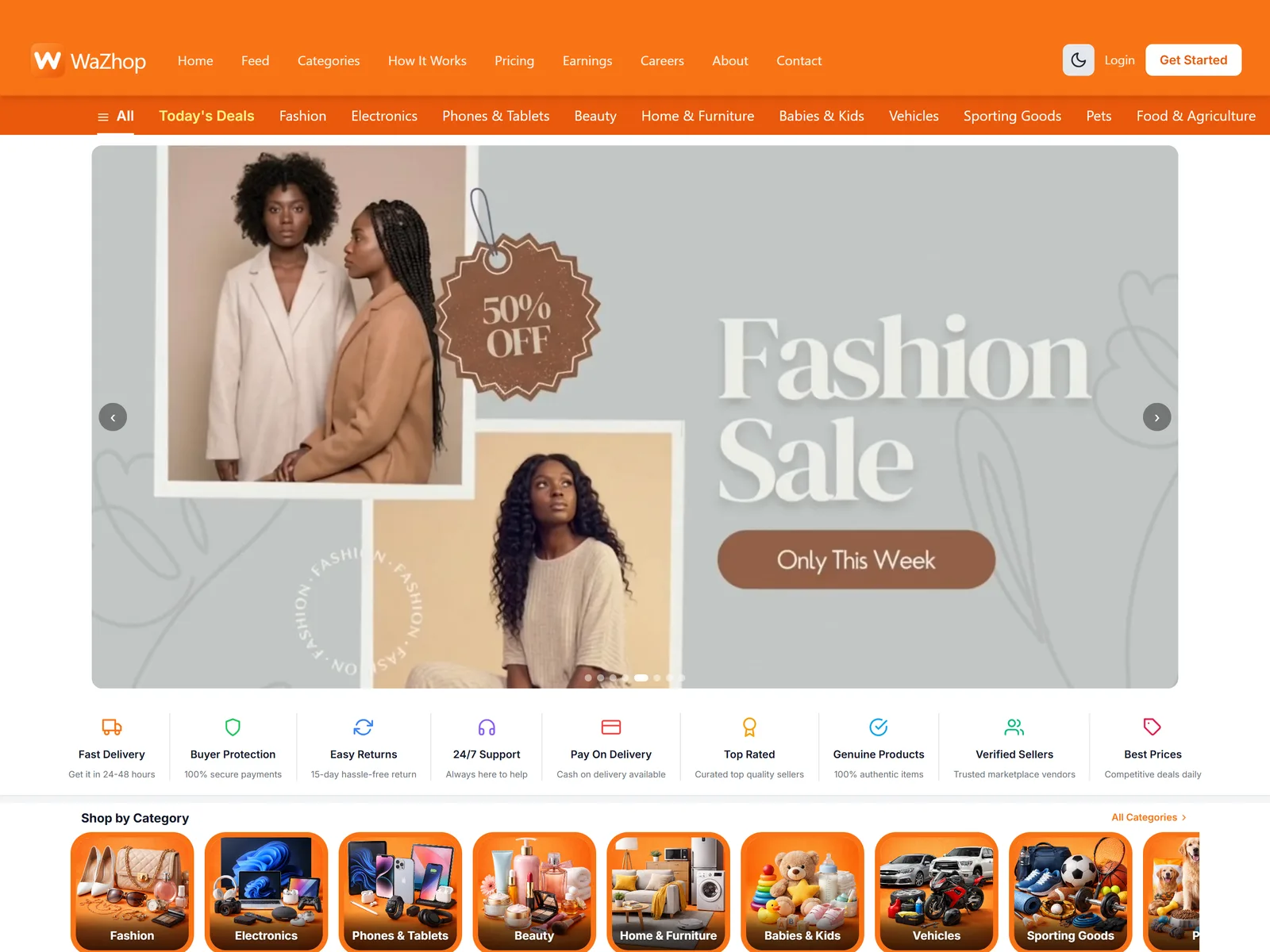 The WaZhop marketplace: a category bar across the top and a promoted fashion listing below it.